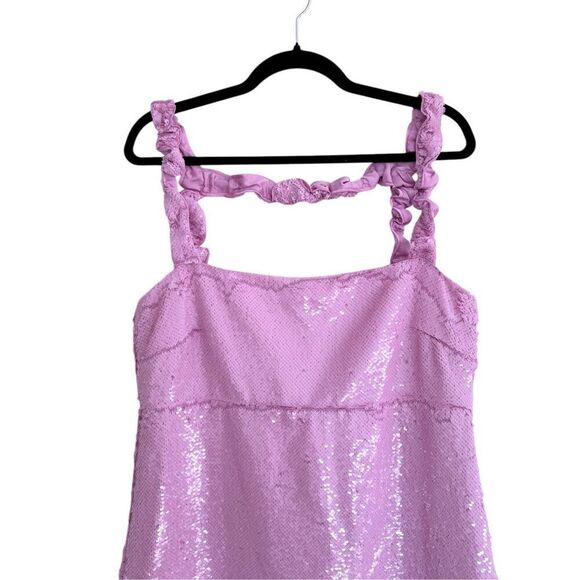 Ganni Satin Sequin Ruffled Trimmed Square Neck Mini Dress Women's Pink Size 42 - Picture 2 of 6